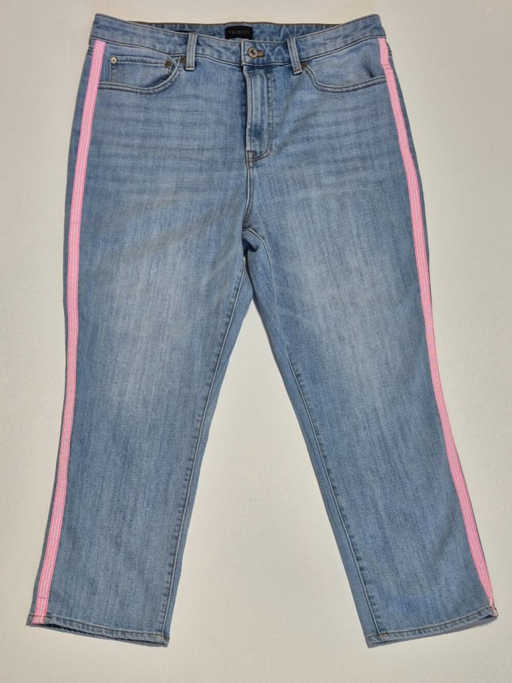 Talbots Modern Ankle Jean Women Size 14 High Rise Blue Denim Pink Side Stripe